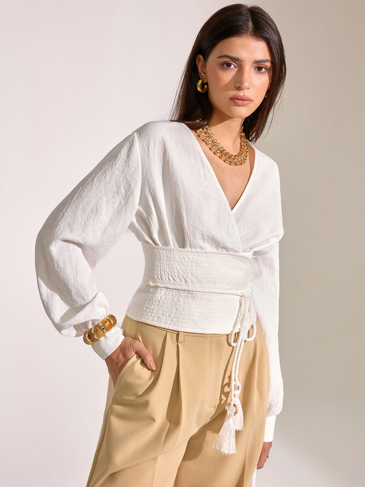 Cinched Waist Tassel Tie Wrap Blouse