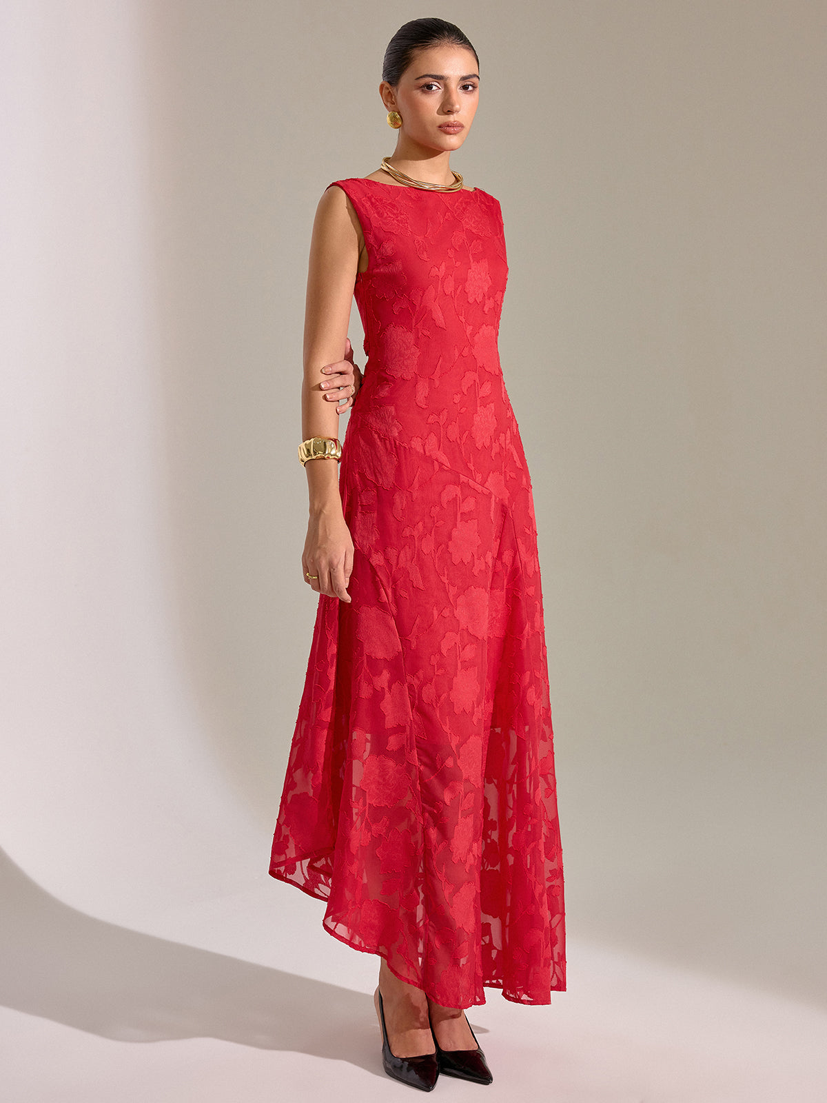 Floral Jacquard Sleeveless Maxi Dress