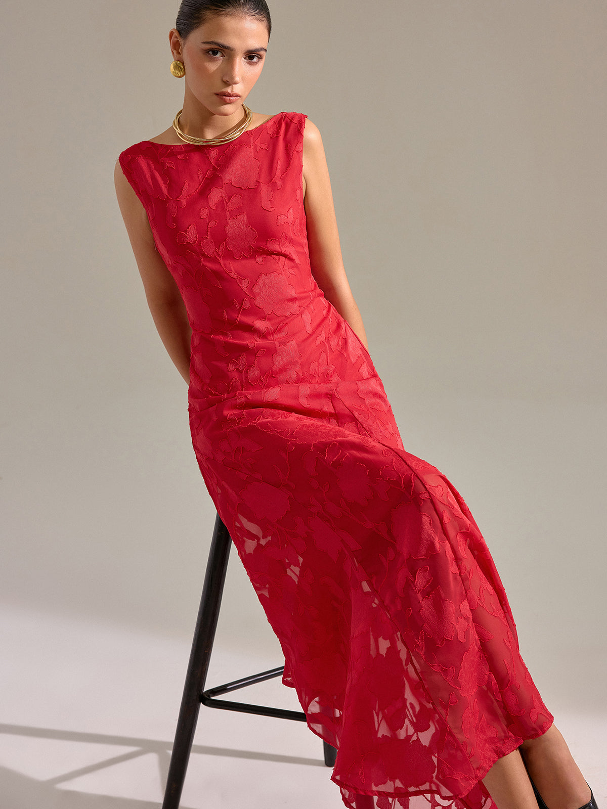 Robe longue jacquard florale sans manches