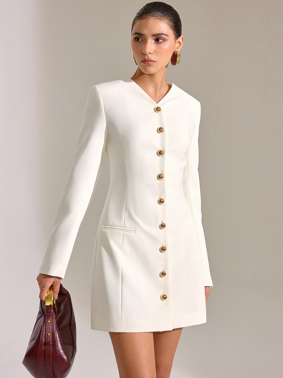 Metal Button-From V-Neck Mini Dress