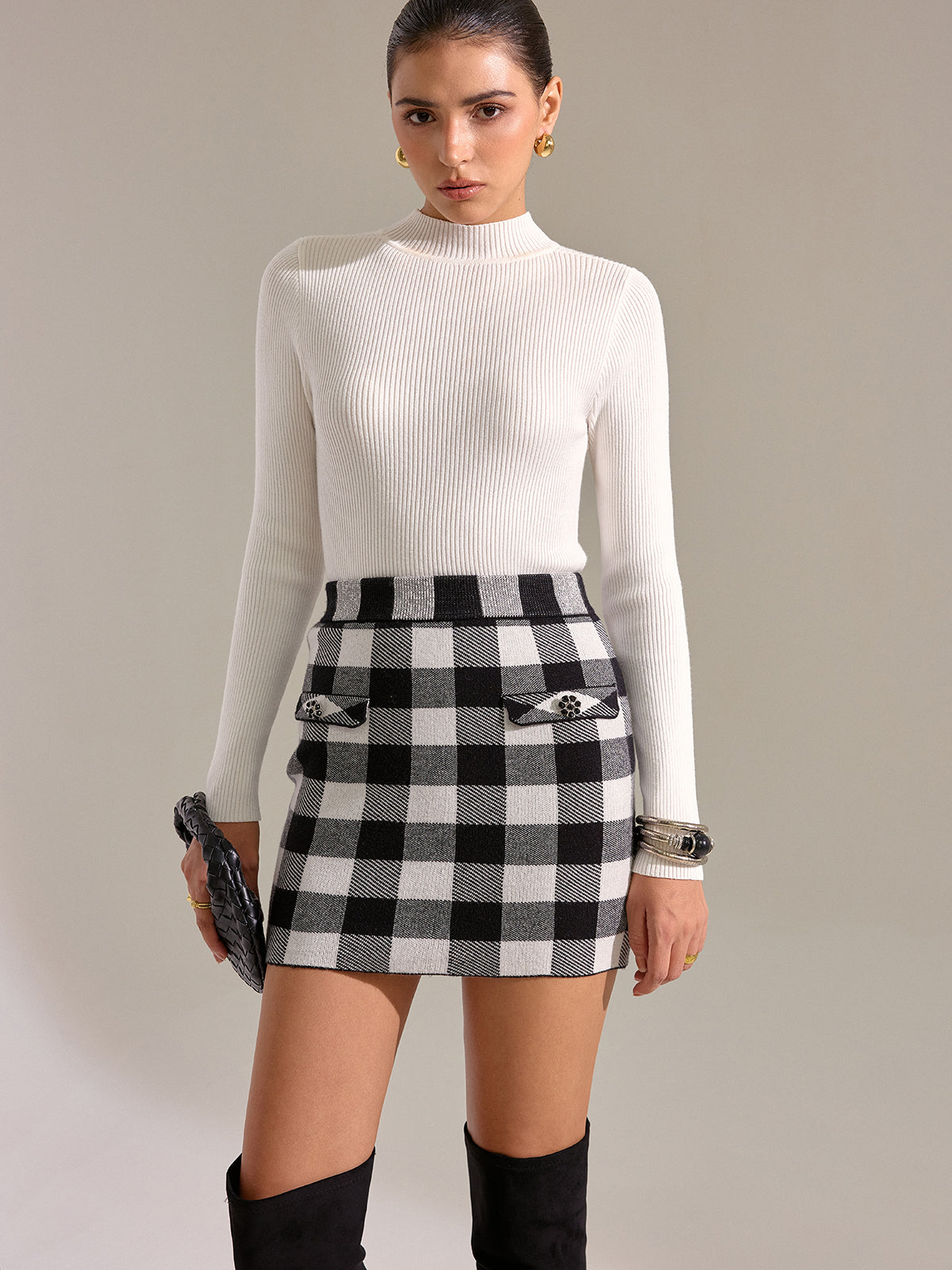 Checkered Wool Blend Mini Skirt