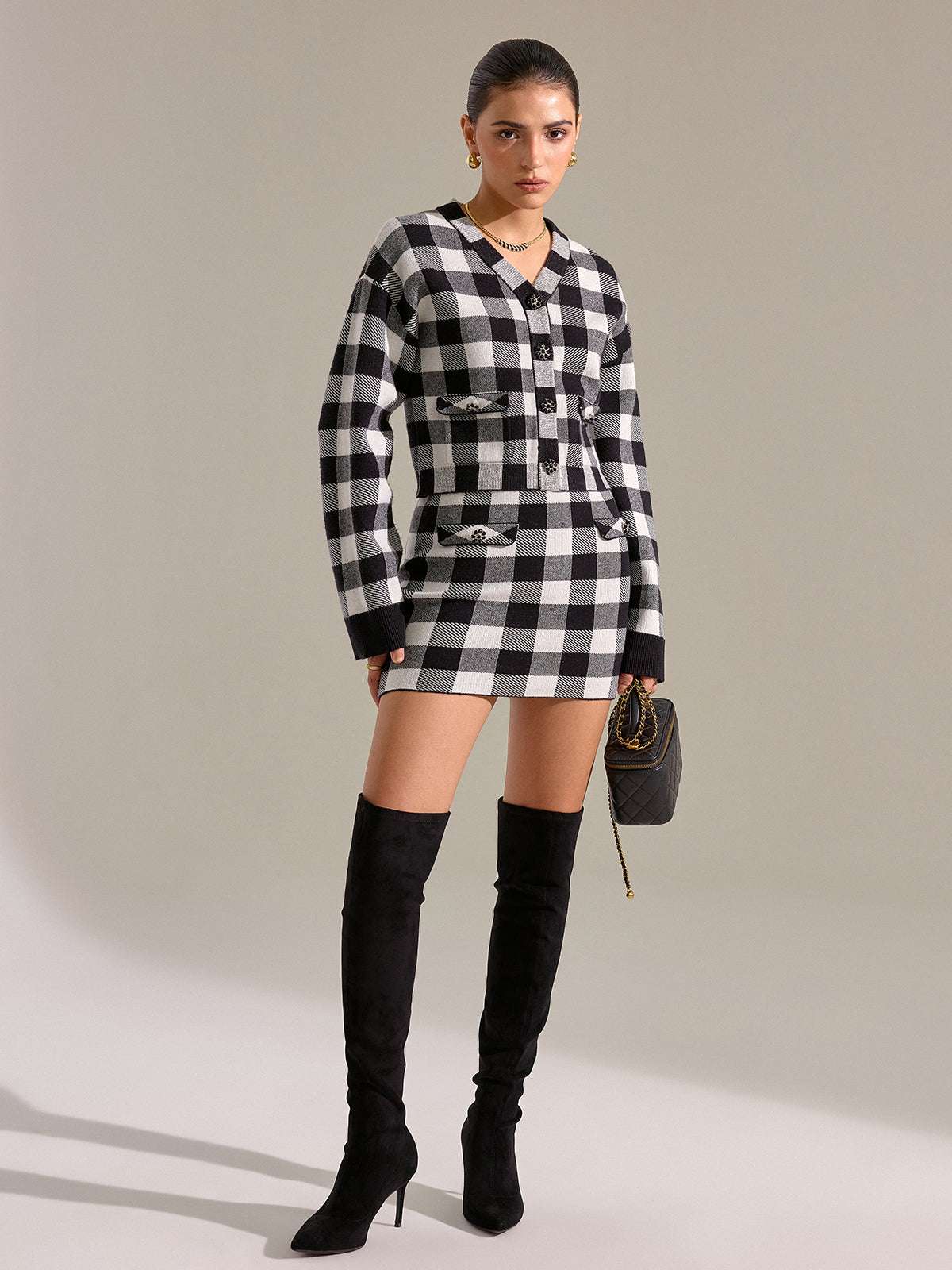 Checkered Wool Blend Button Cardigan