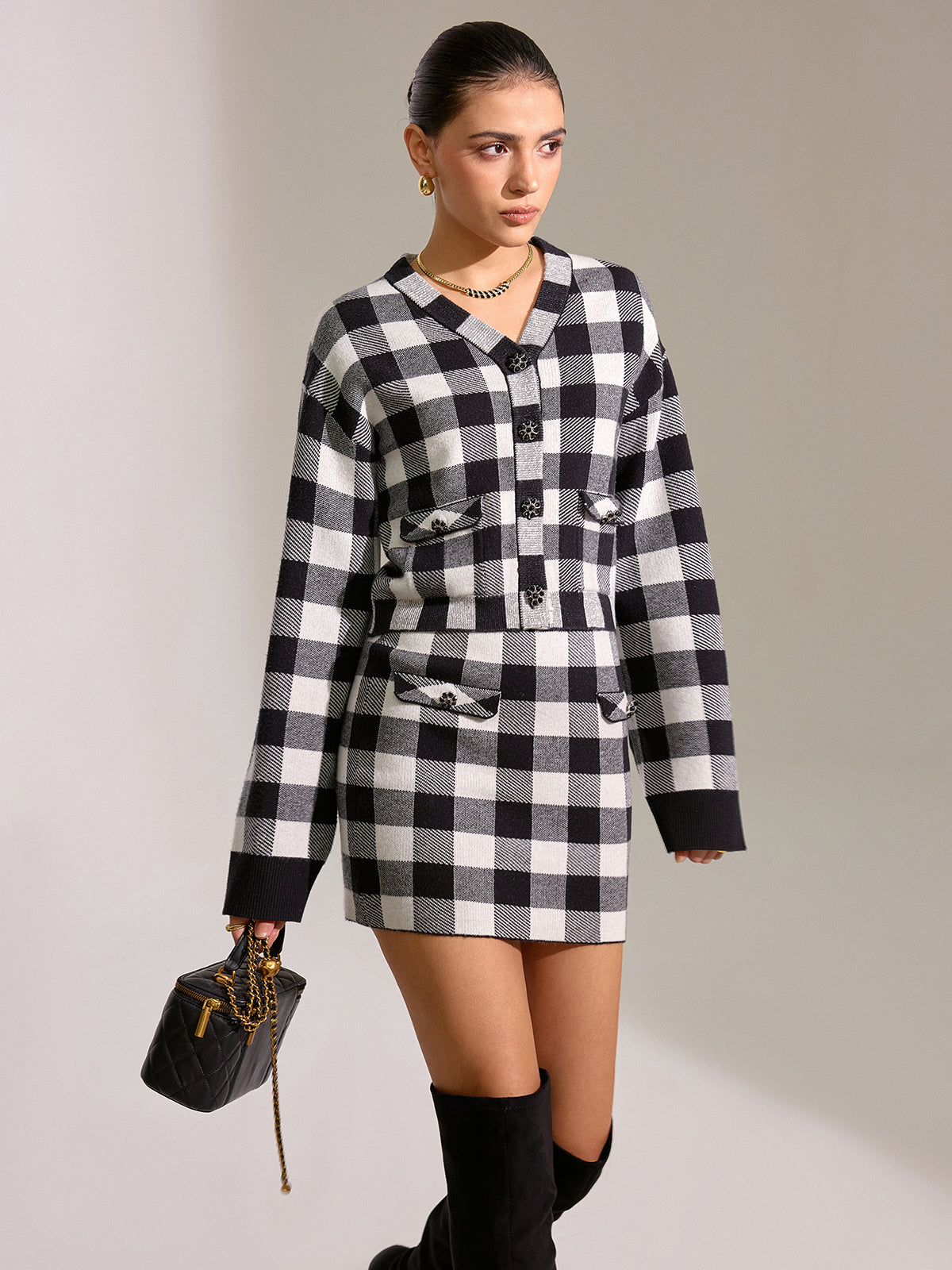 Checkered Wool Blend Button Cardigan