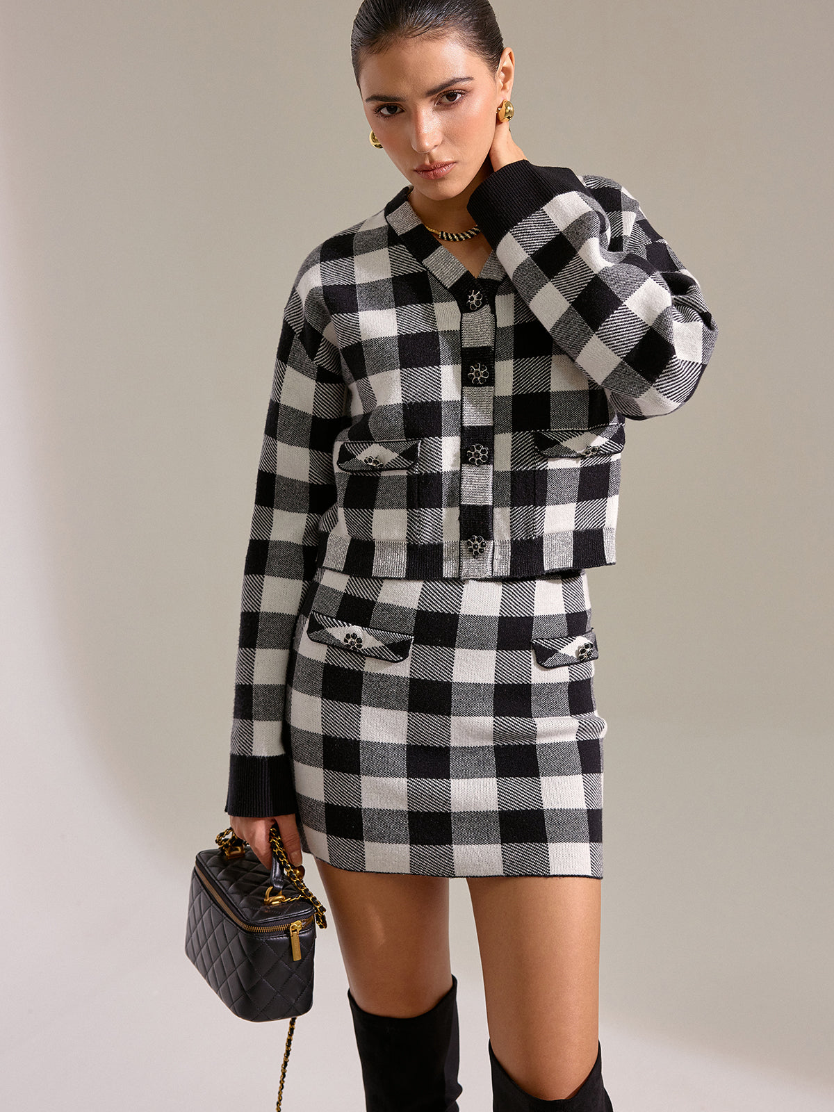 Karierte Strickjacke aus Wollmischung mit Knöpfen