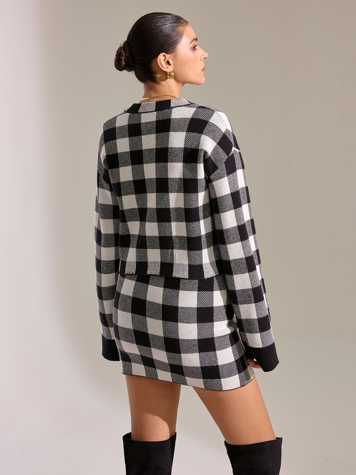 Checkered Wool Blend Button Cardigan
