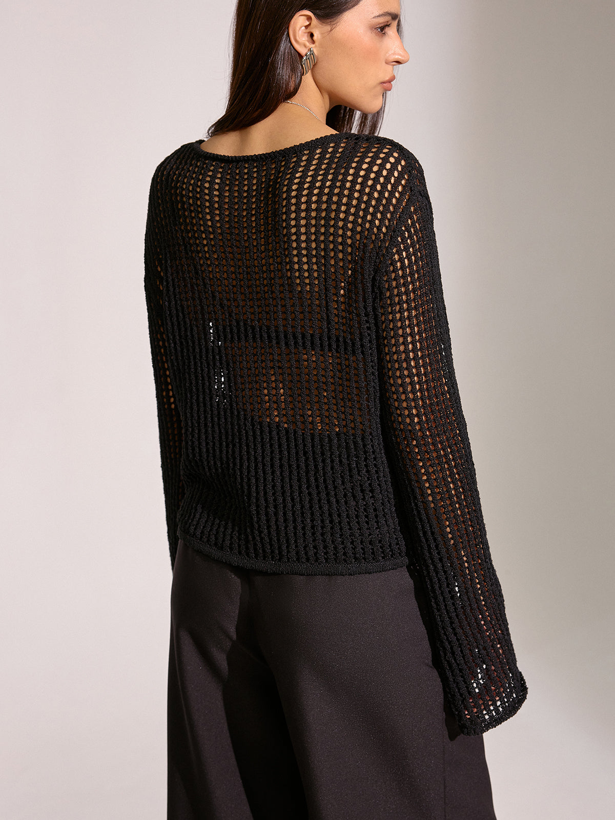Sheer Openwork Crochet Long Sleeve Top