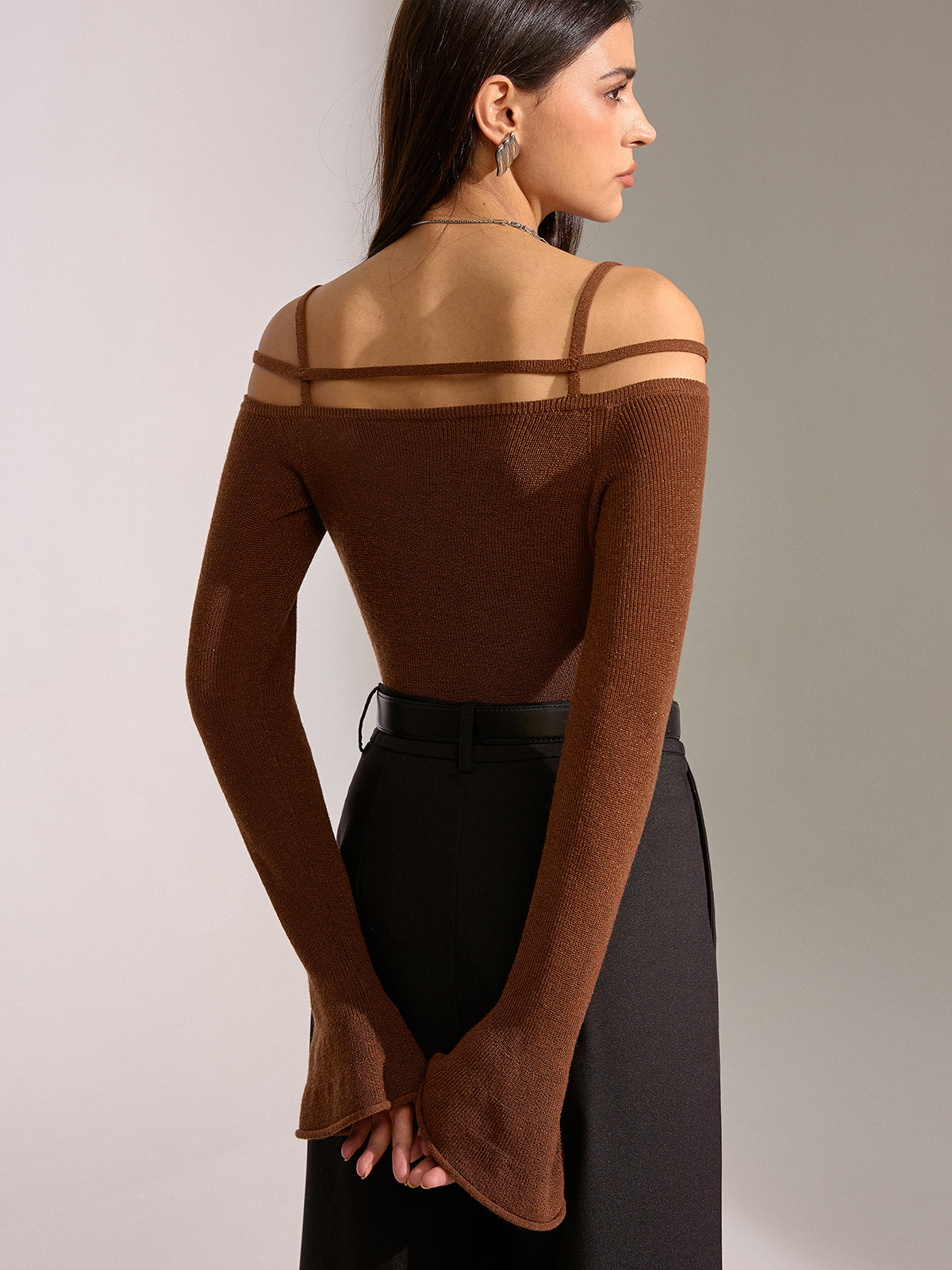 Flared Cuff Wool Blend Off-Shoulder Knit Top