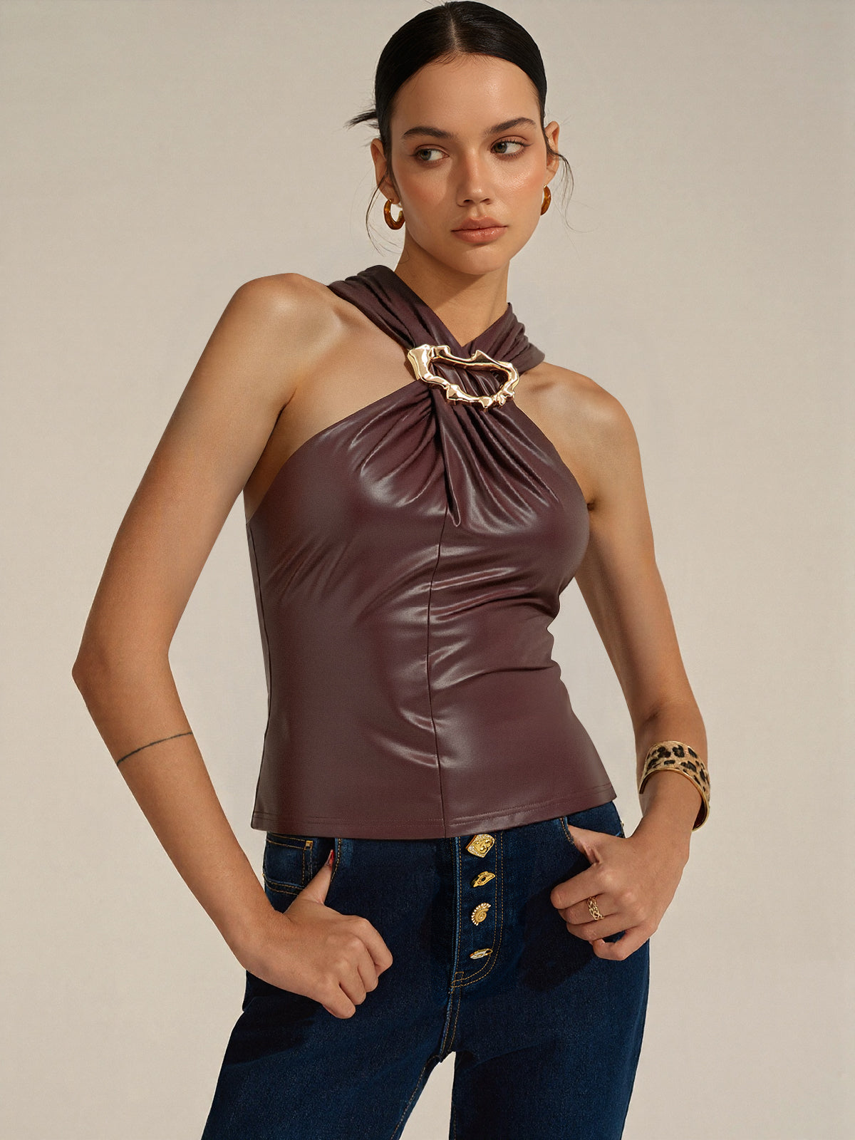 Metal Detail Halter PU Leather Tank Top