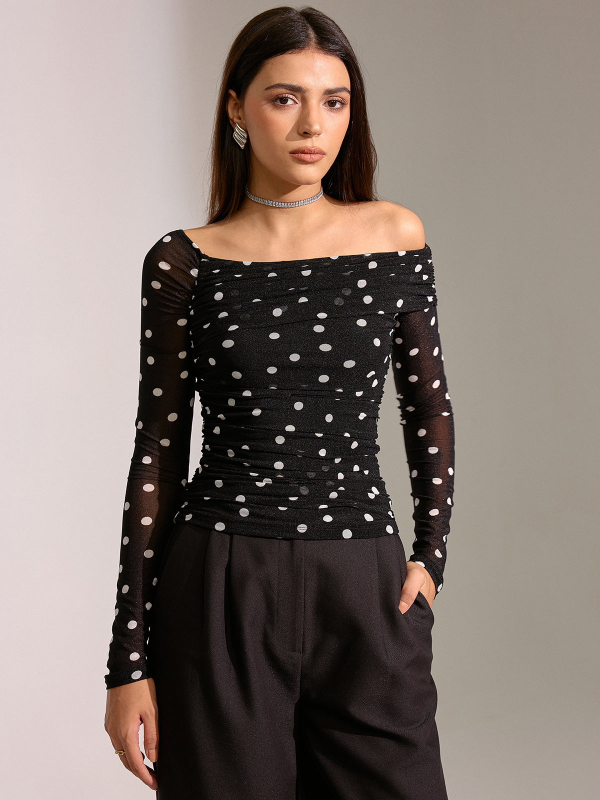 Semi-Sheer Mesh Polka Dot Ruched Off-Shoulder T-Shirt