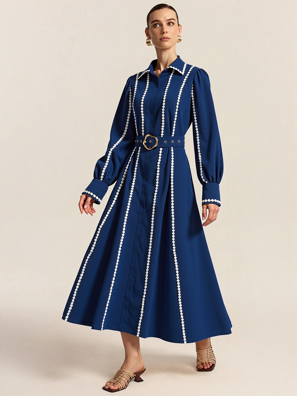 Contrast Lace-Trimmed Belted Shirt Dress