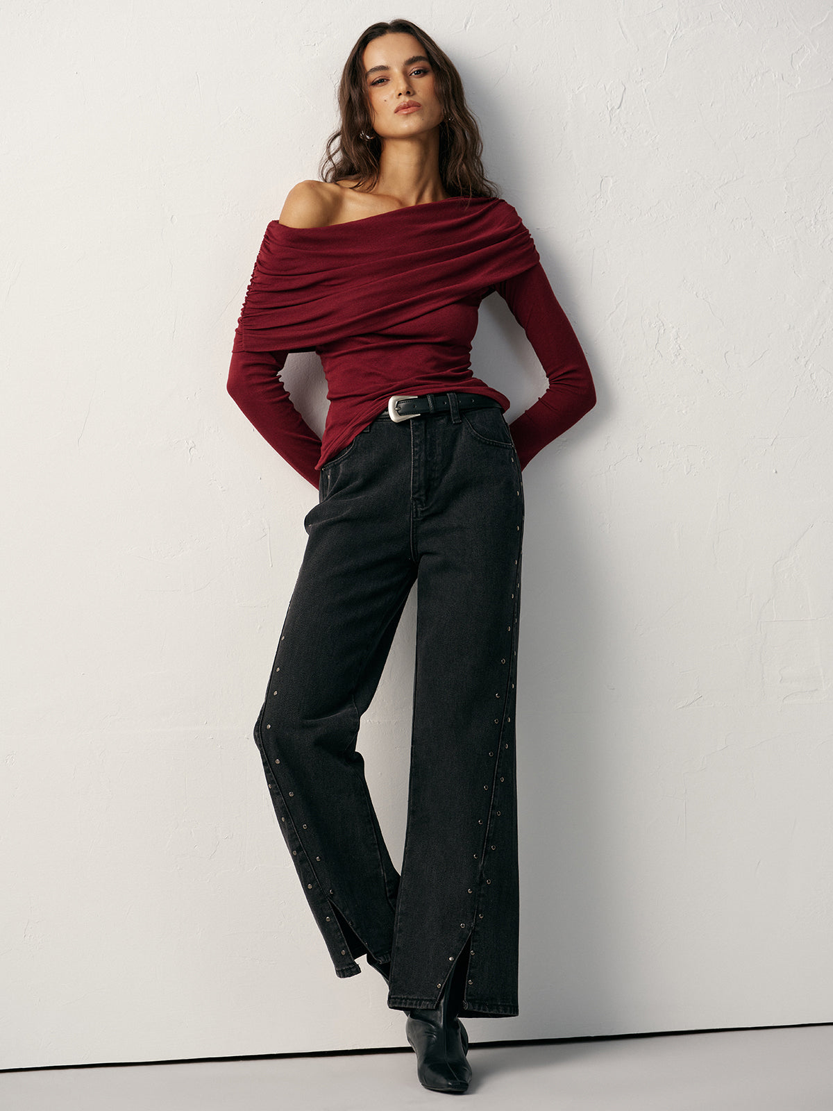 Off-Shoulder Ruched Wool Blend T-Shirt