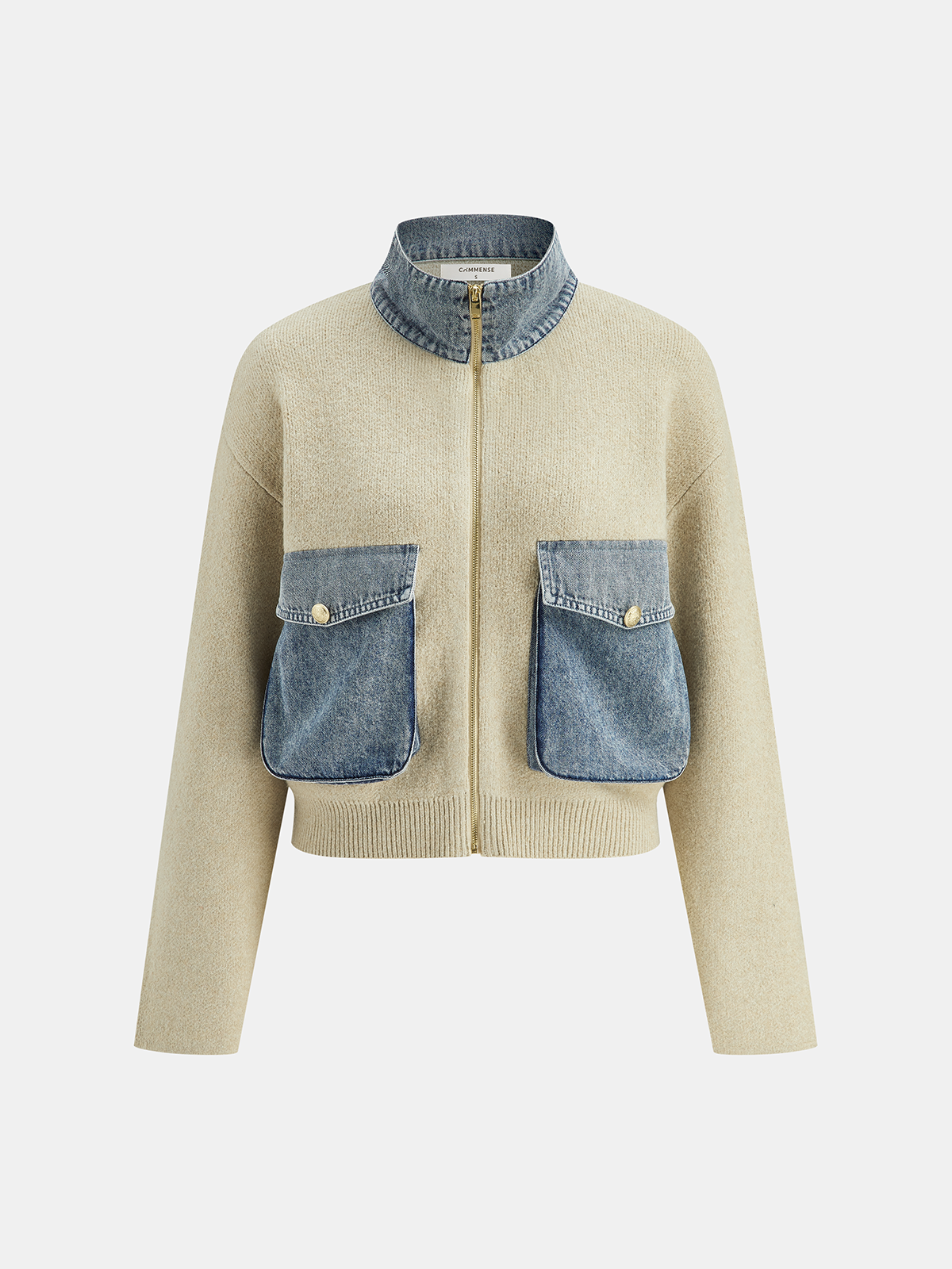 Denim Panel Zipper-Form Knit Cardigan