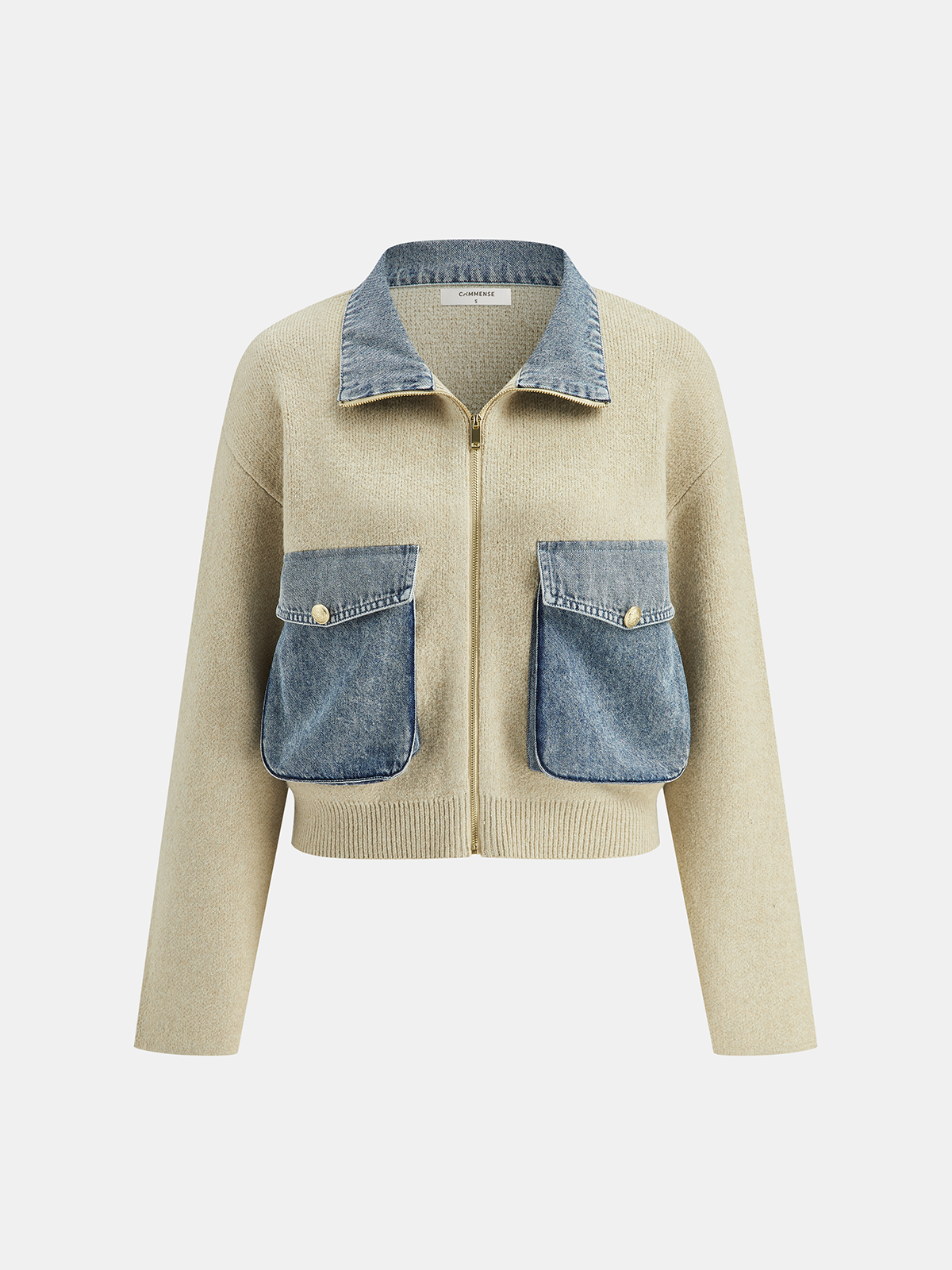 Denim Panel Zipper-Form Knit Cardigan