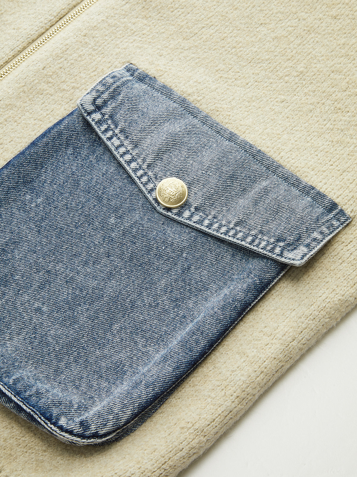 Denim Panel Zipper-Form Knit Cardigan