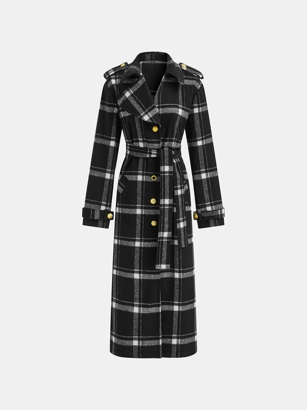 Trench-coat ceinturé à carreaux en mélange de laine