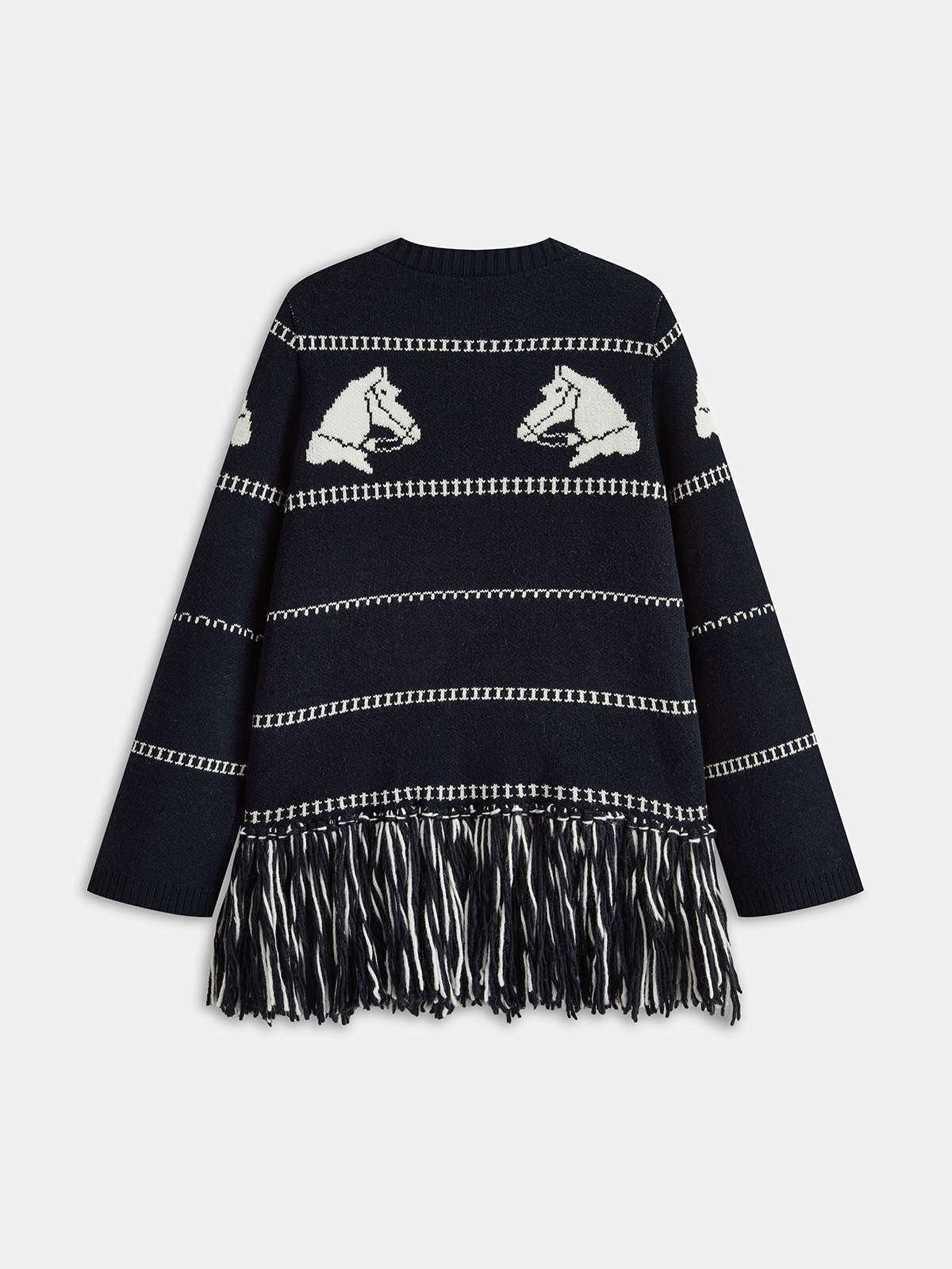 Strickjacke mit Pferde-Muster, Wollmischung und Fransen