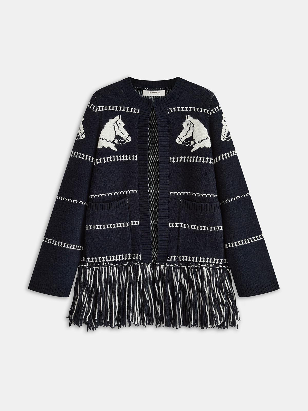 Strickjacke mit Pferde-Muster, Wollmischung und Fransen
