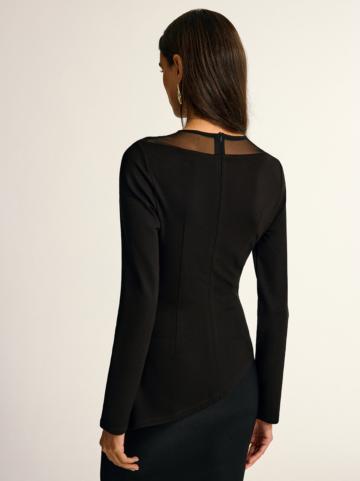 Mesh Neck Contrast Panel Asymmetrical Blouse