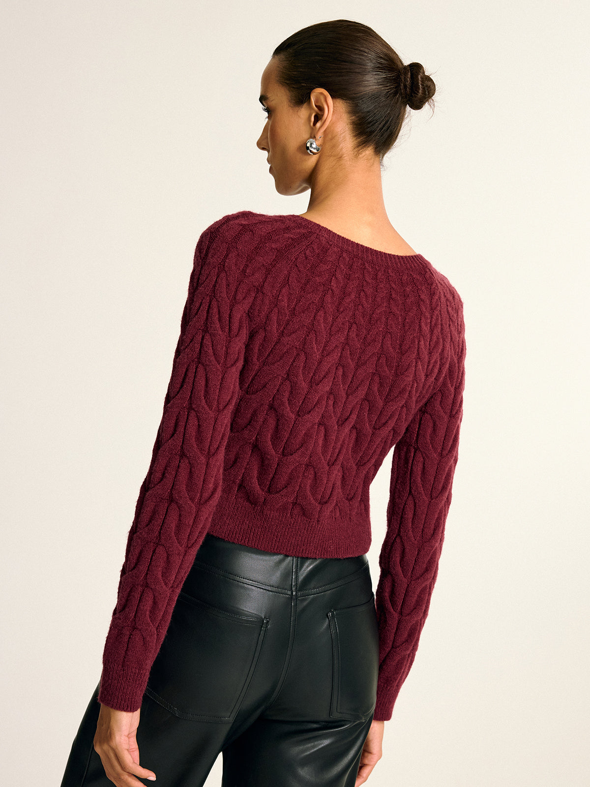 Metal Detail Cable Knit Round Neck Sweater