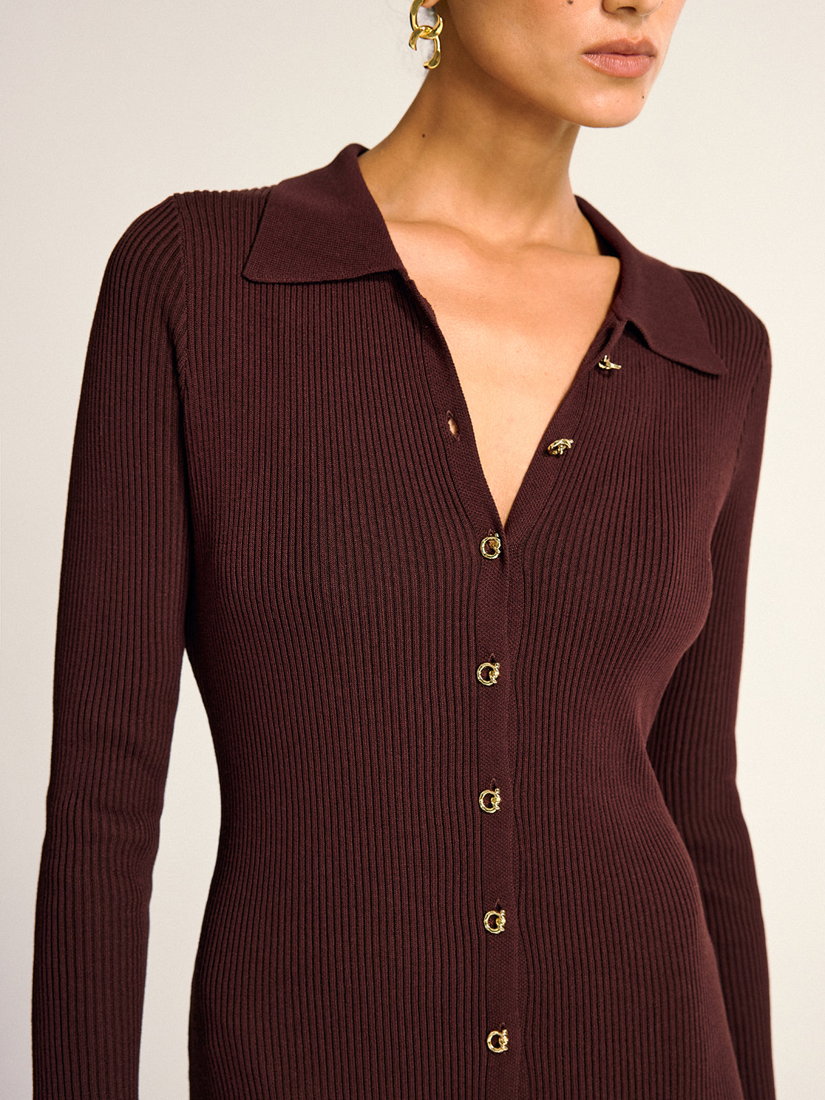 Metal Button Collar Ribbed Knit Midi Dress