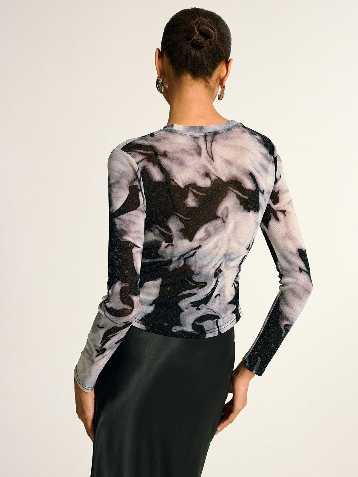 Semi-Sheer Long Sleeve Mesh Marble Print Blouse