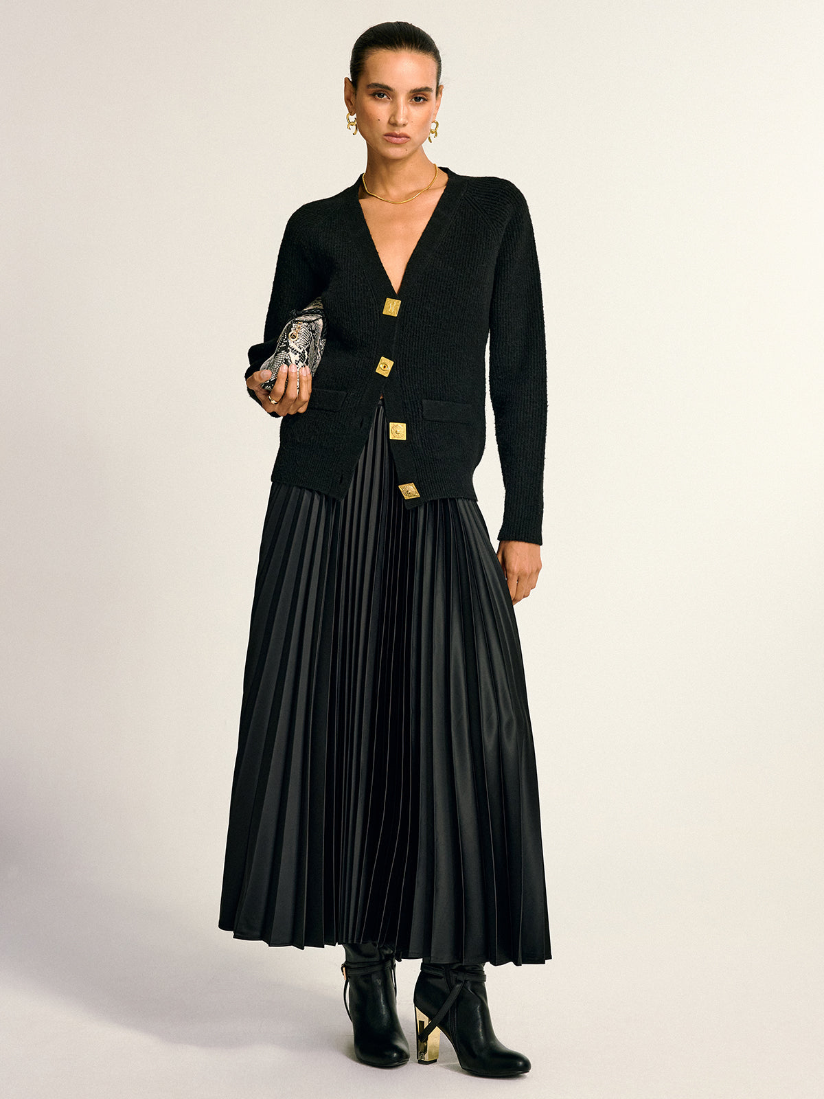 Metal Button V-Neck Wool Blend Cardigan