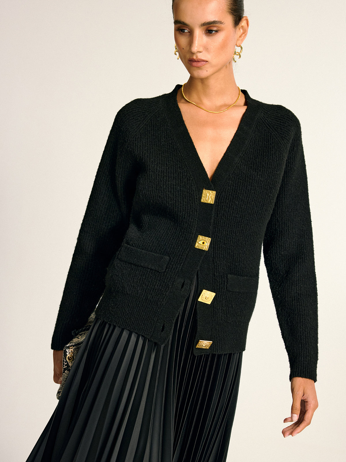 Metal Button V-Neck Wool Blend Cardigan