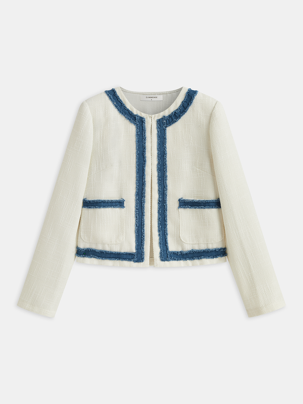 Tweed Contrast Trim Round Neck Blazer