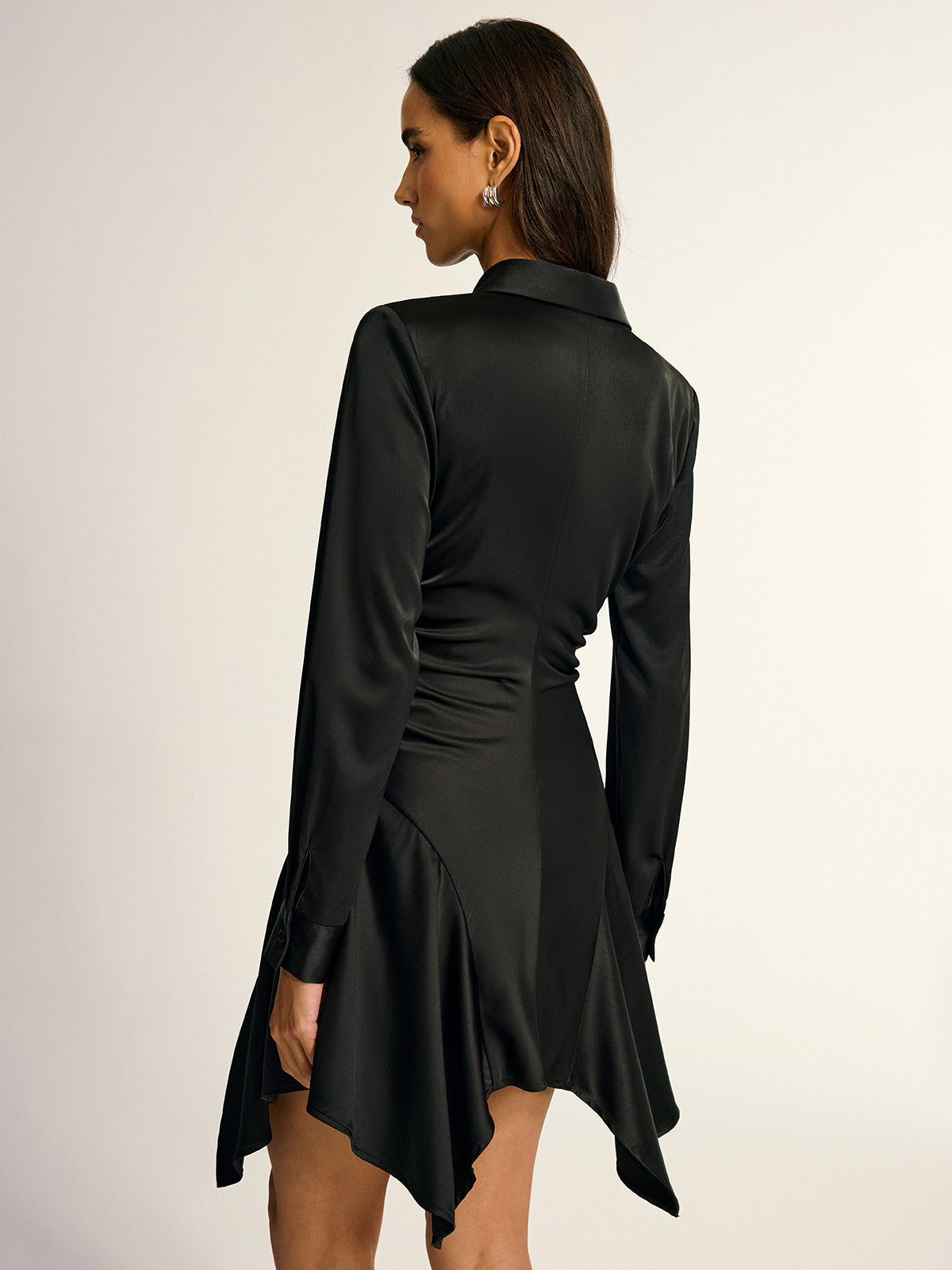 Satin Shirt Collar Ruched Asymmetrical Dress