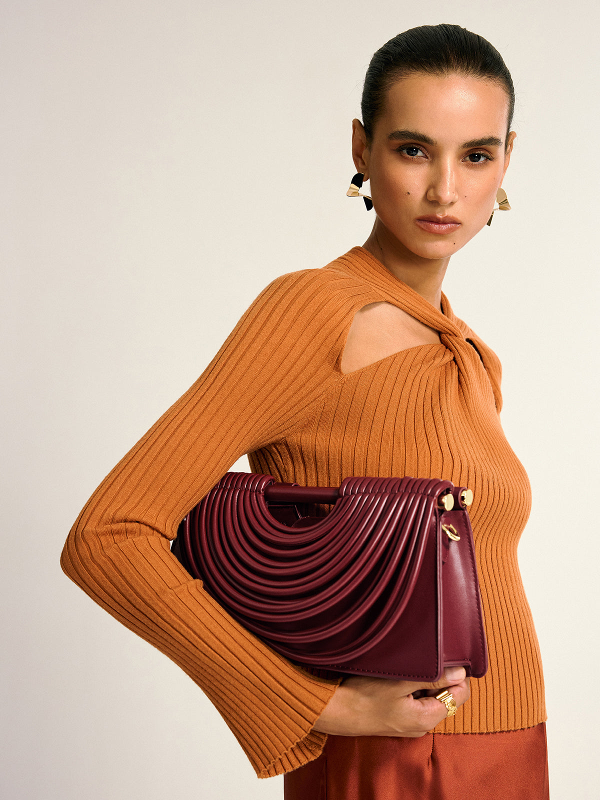 Curved Striped Handle PU Leather Bag