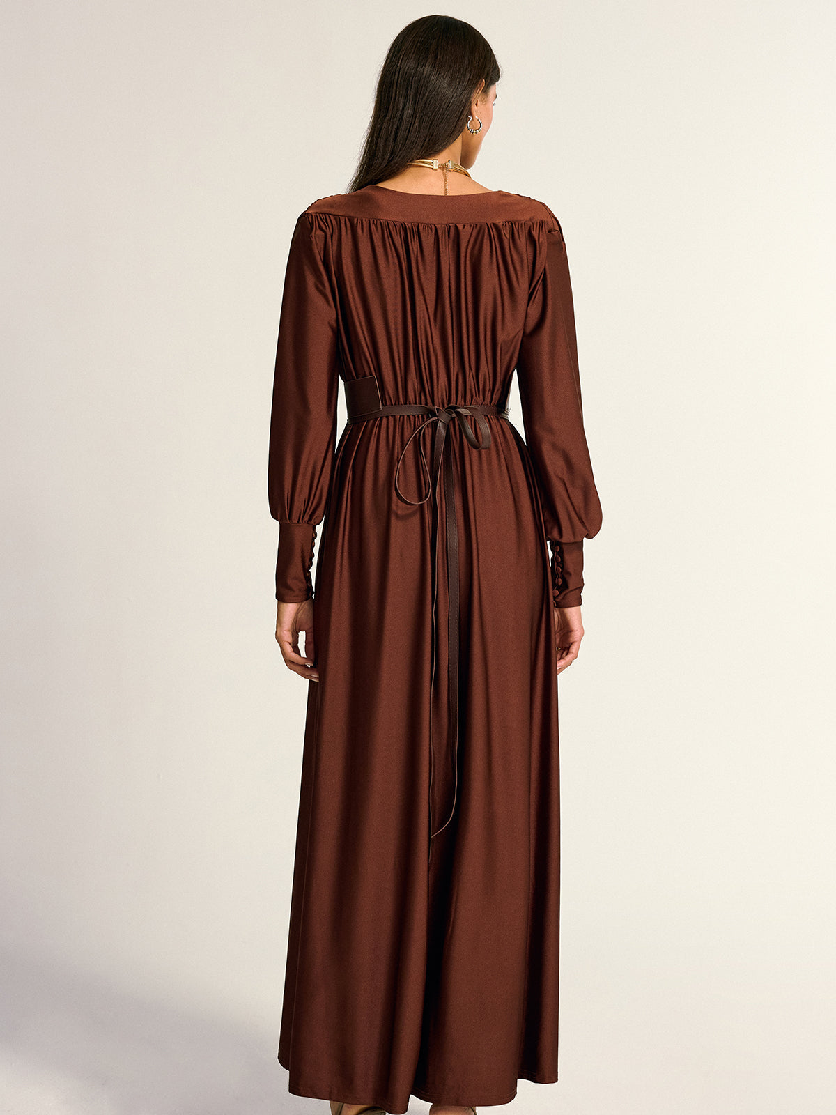 Wide Belted Long Sleeve V-Neck Maxi Dress