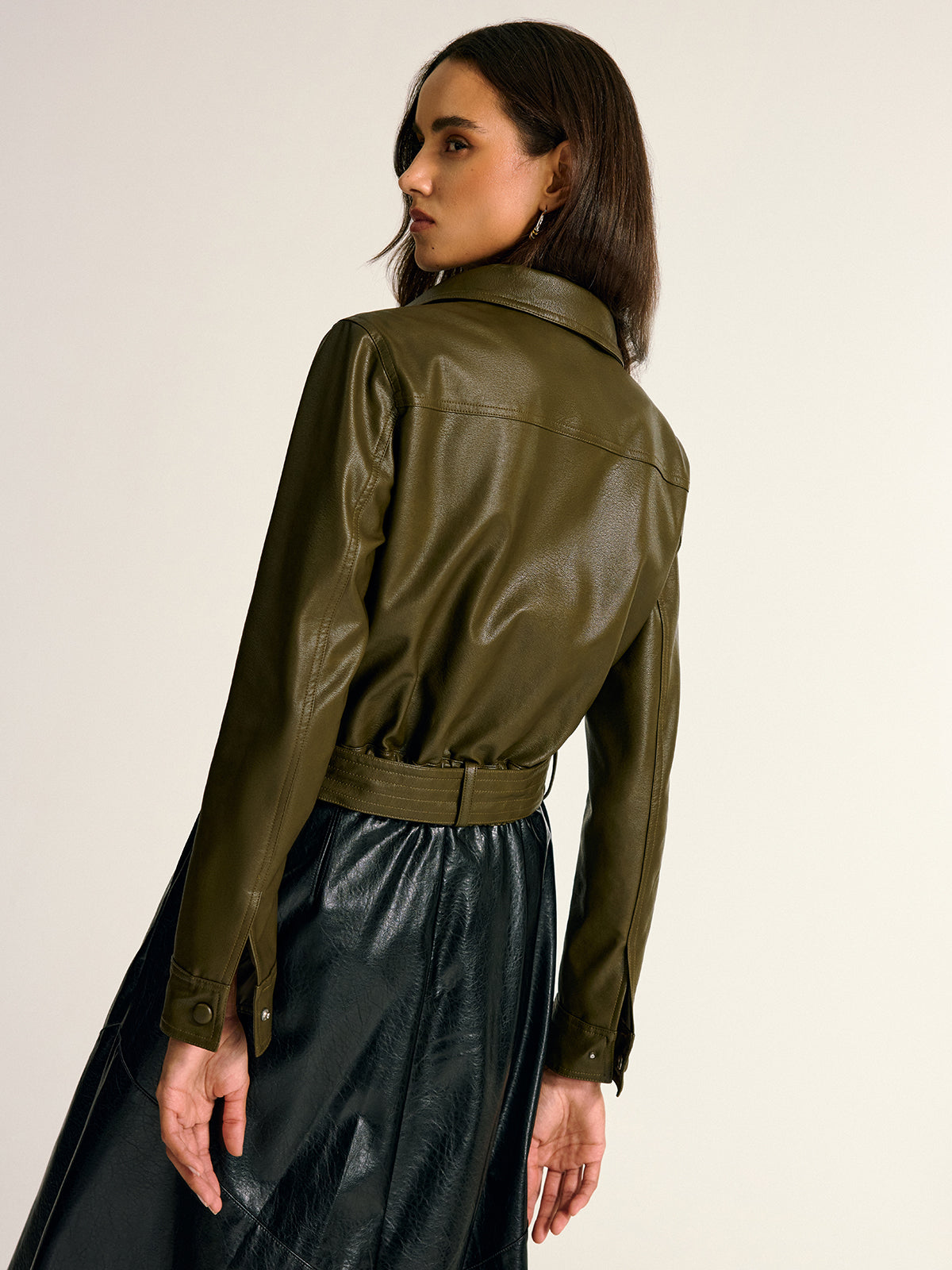 Belted PU Leather Cargo Shirt Jacket