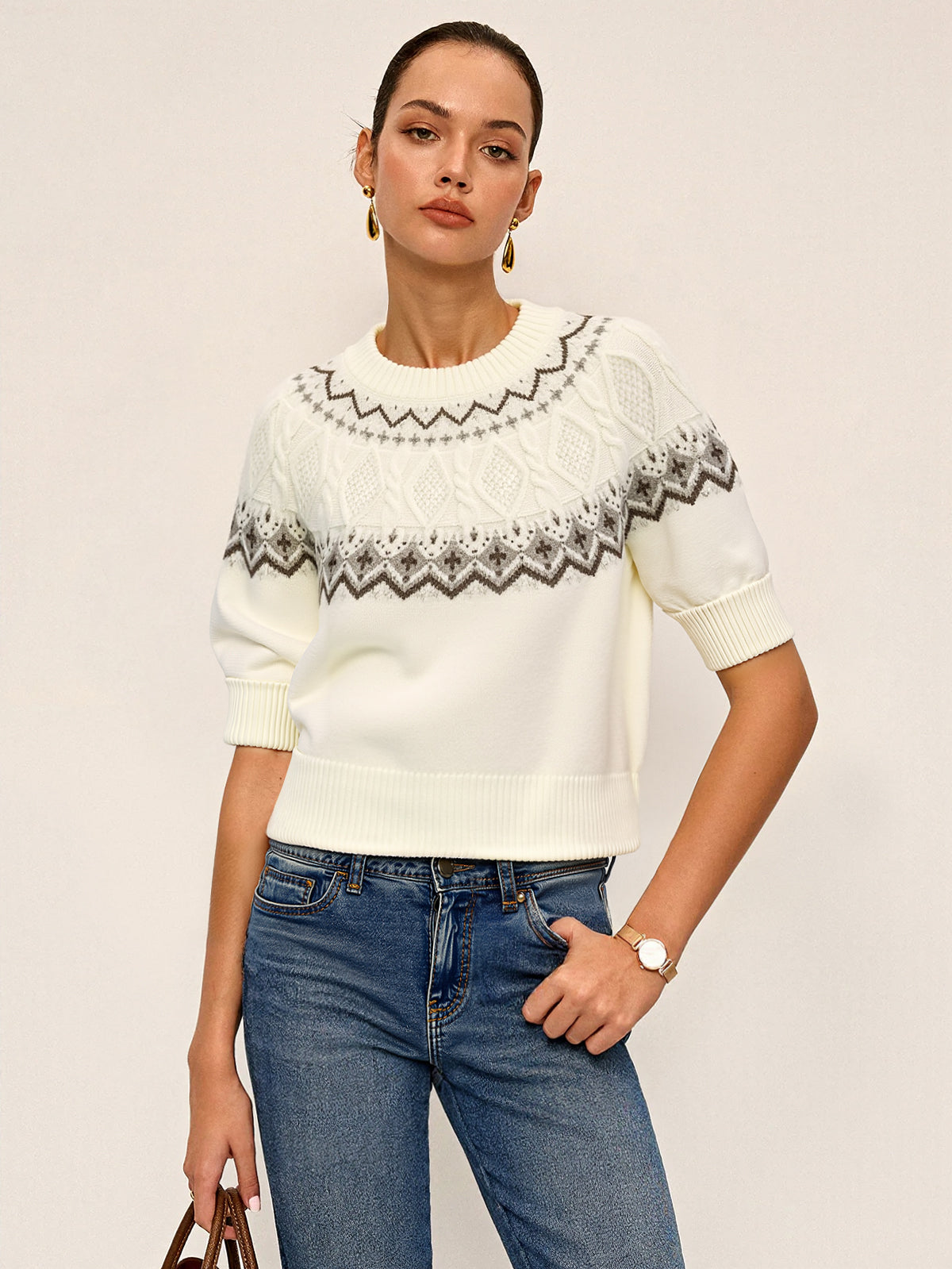 Fair Isle Pattern Short Sleeve Knit Top