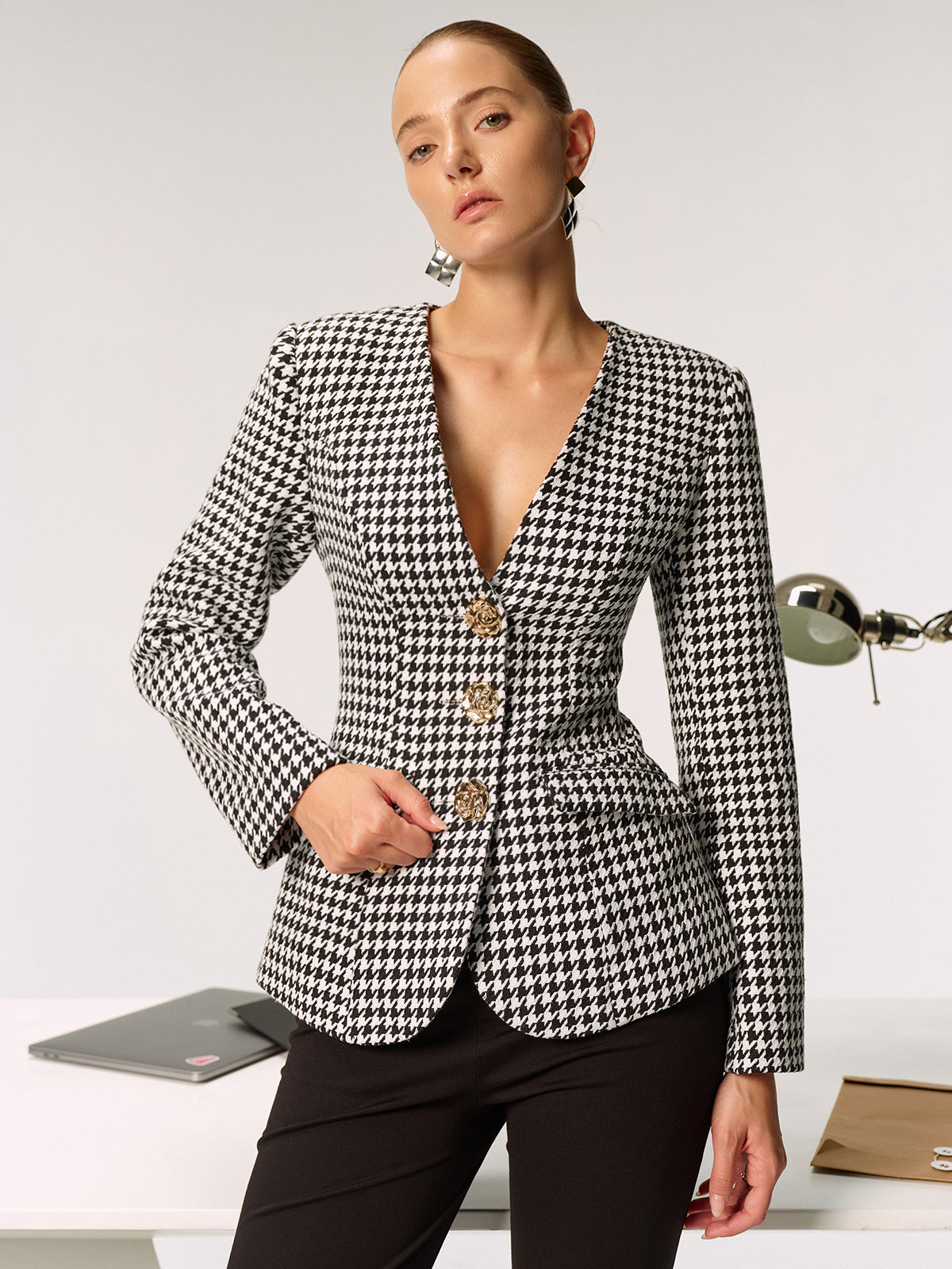 Metal Button Houndstooth Blazer