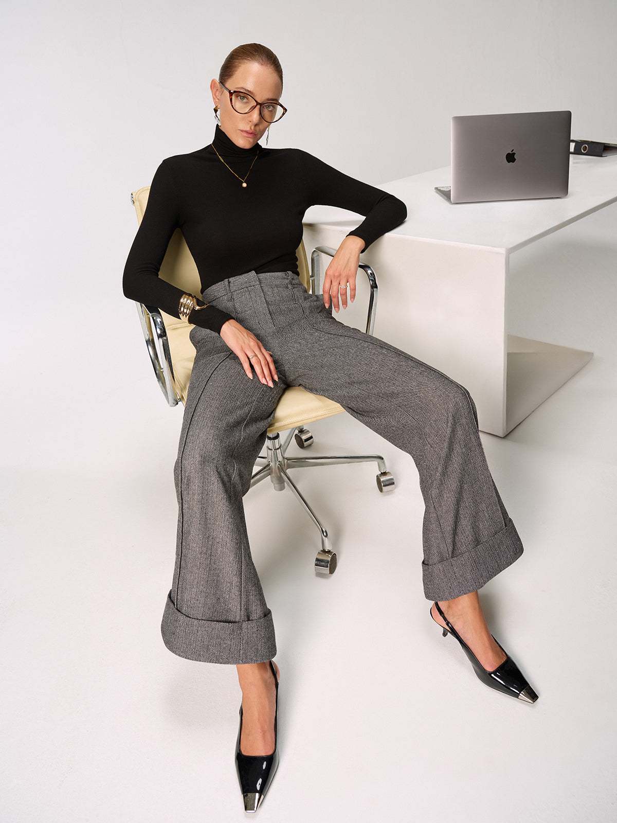 Mid-Waist Cuffed Wide-Leg Pants