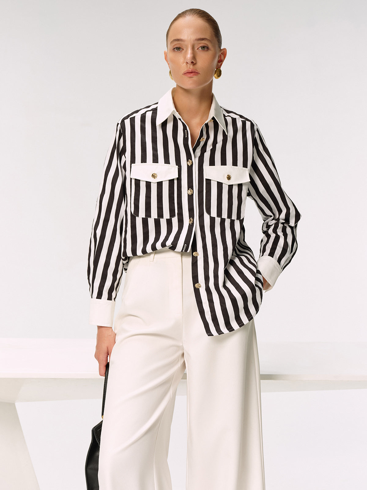 Cotton Blend Striped Metal Button Shirt