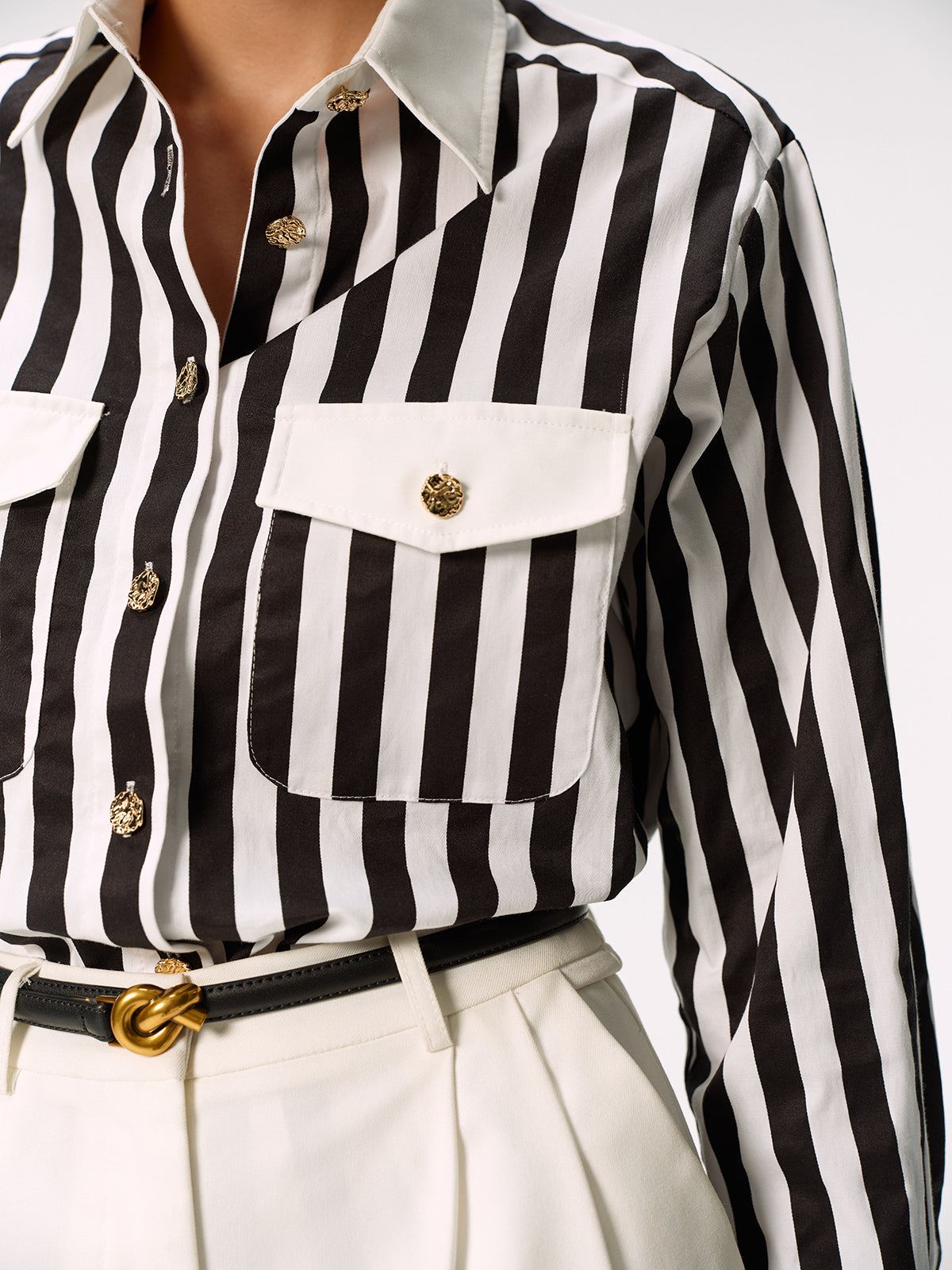 Cotton Blend Striped Metal Button Shirt