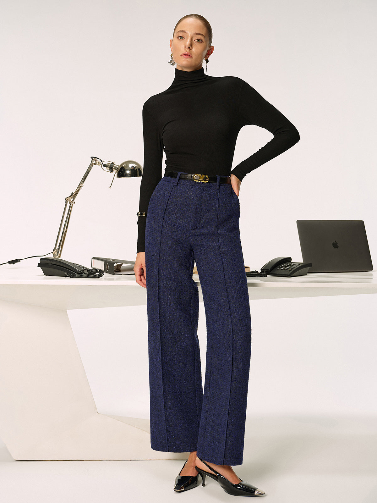 Pantalon droit en tweed taille mi-haute sans ceinture