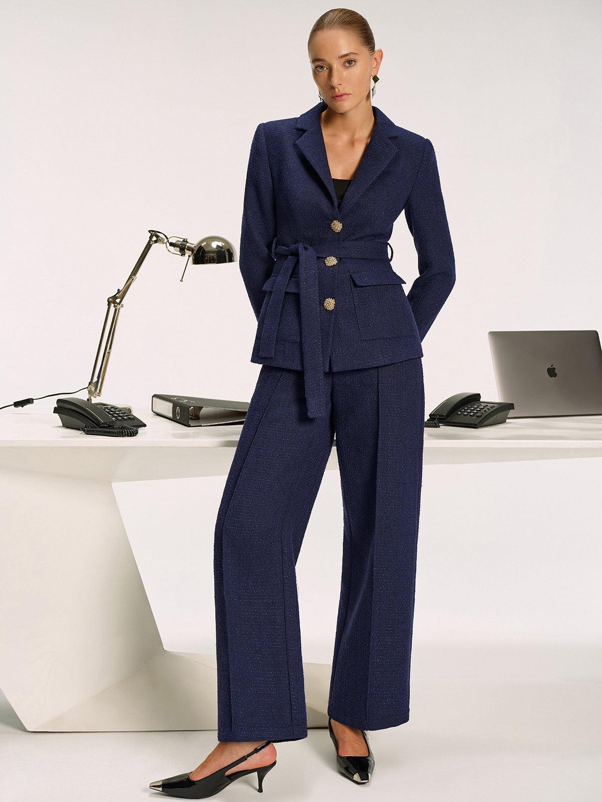 Metal Button Tweed Belted Blazer