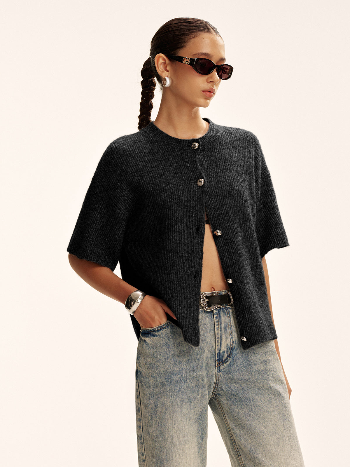 Wool-Blend Short-Sleeved Cardigan