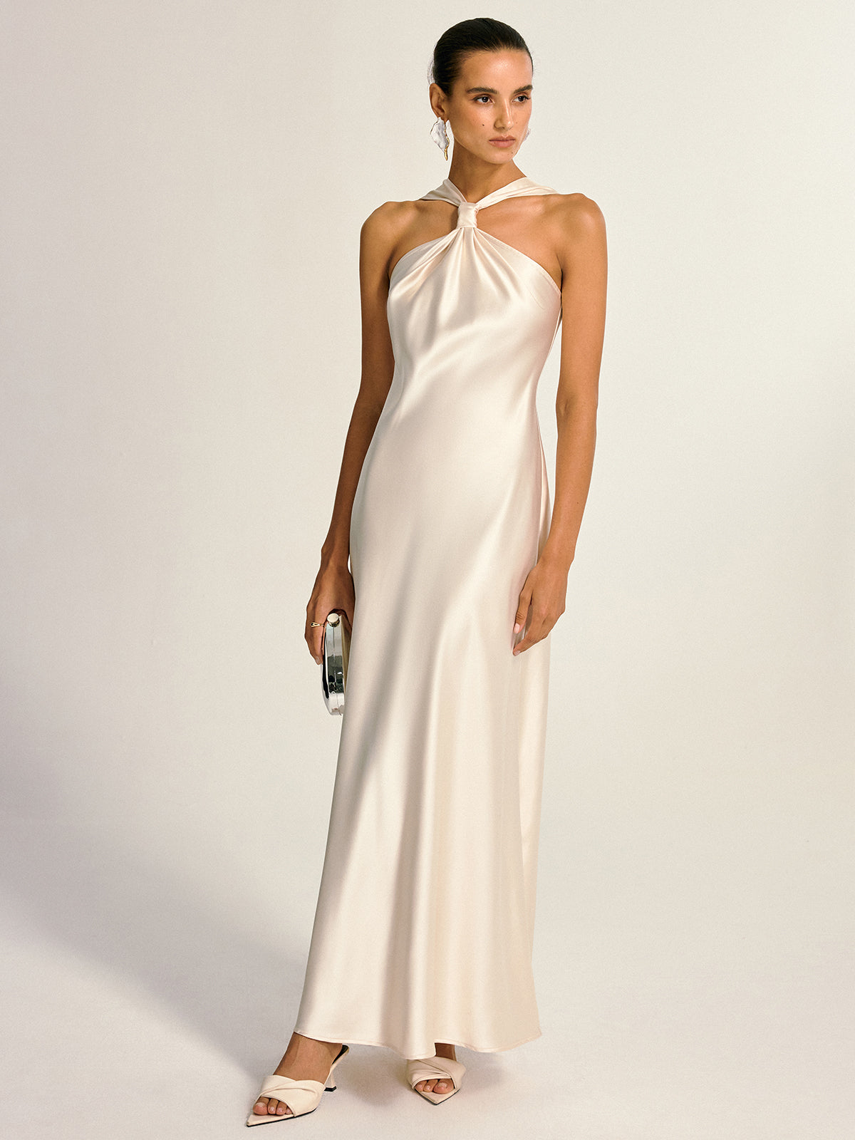 Satin Halter Neck Slit Back Maxi Dress
