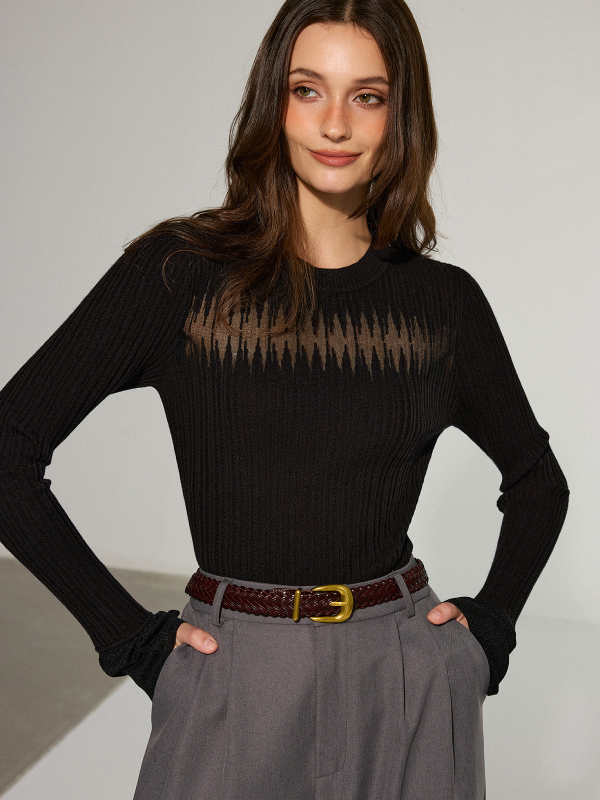 Flared Cuff Sheer Panel Knit Top