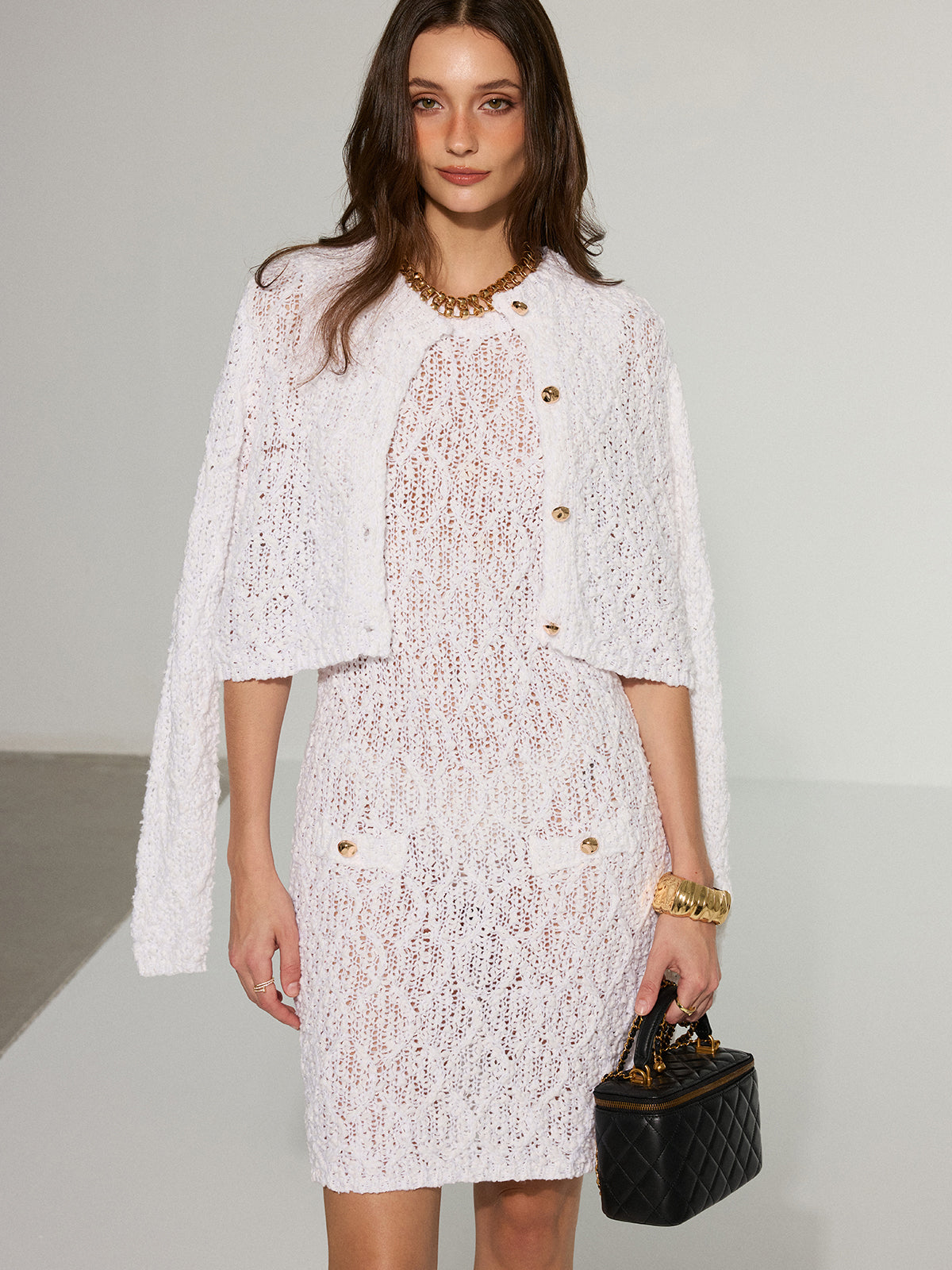 Textured Knit Cardigan and Dress Two-Piece Set