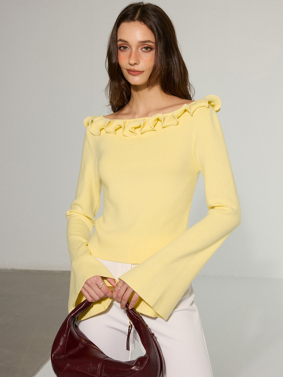 Off-Shoulder Ruffled Collar Flared Sleeve Sweater