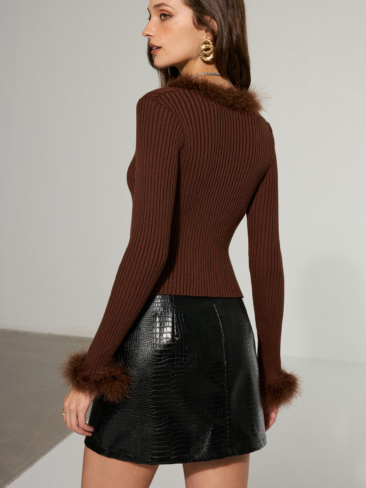 Faux Fur Trim Ribbed Knit Top