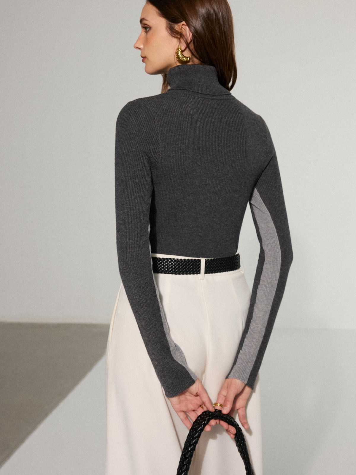 Color-Block Turtleneck Wool Blend Knit Top
