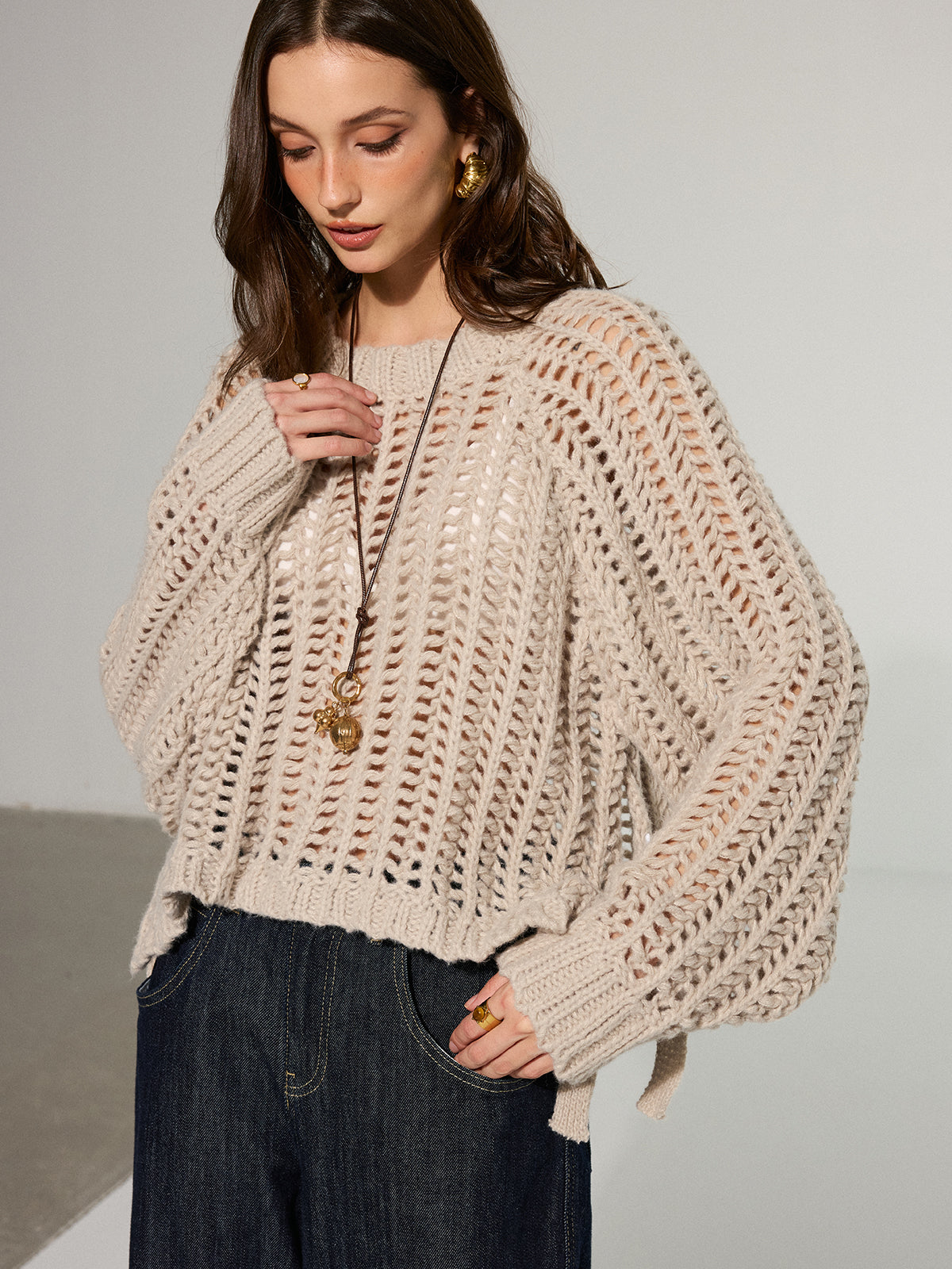 Side Tie Oversized Open-Knit Sweater