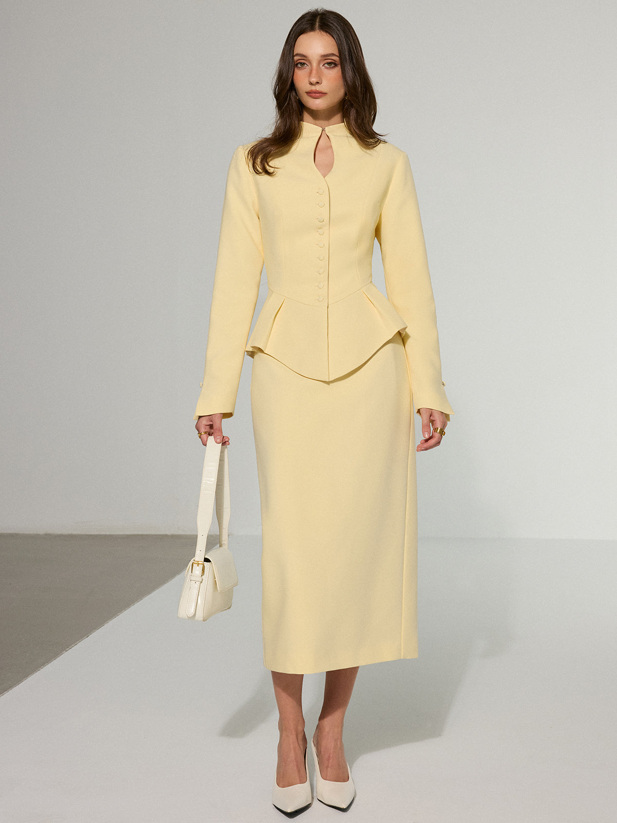 Keyhole Neckline Button Front Peplum Blazer