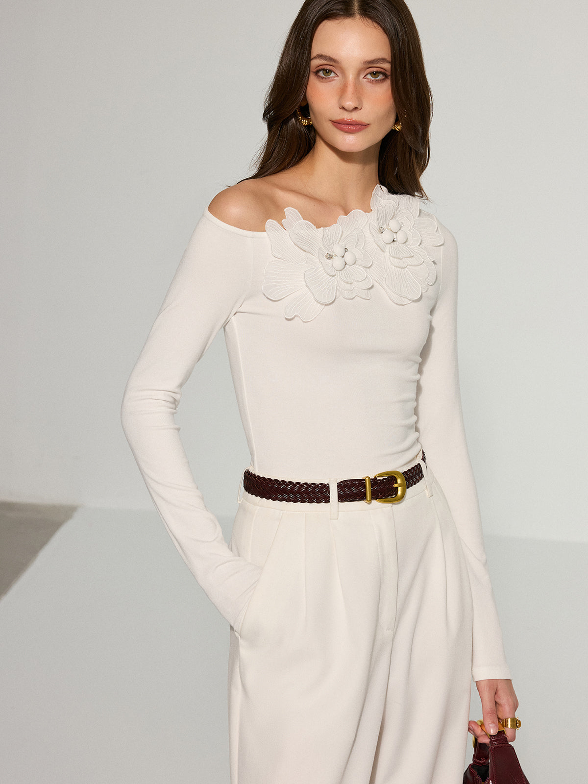 Off-Shoulder 3D Floral Embellished T-Shirt