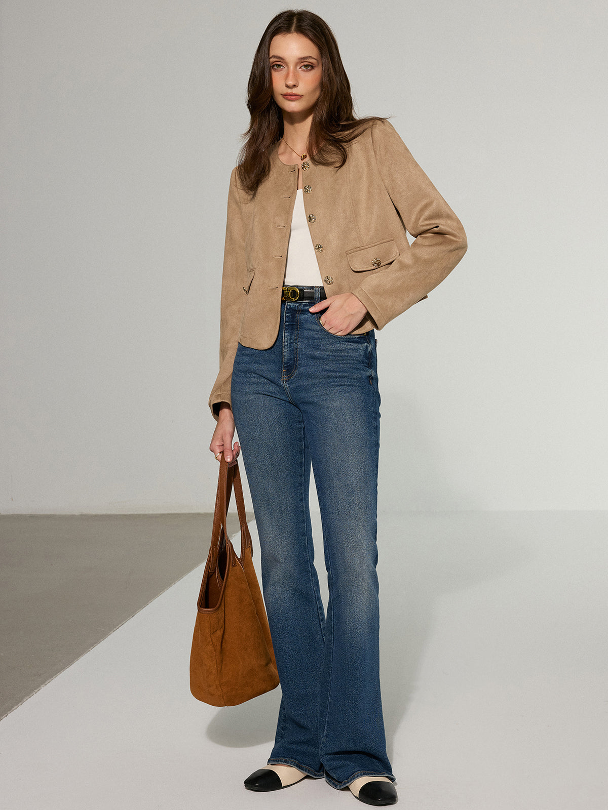 Metal Button Suede Effect Blazer